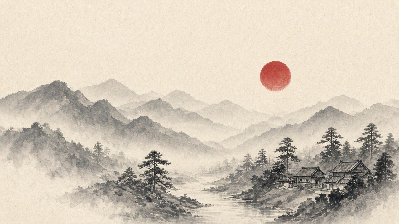 Ink-wash Mount Fuji with rising sun